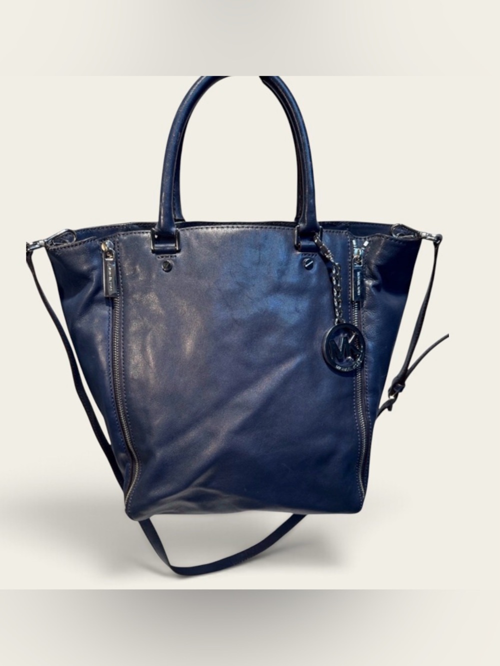 Michael Kors Navy Leather Zip-Accent Tote with MK Charm